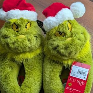 Grinch Slippers with Santa Hats